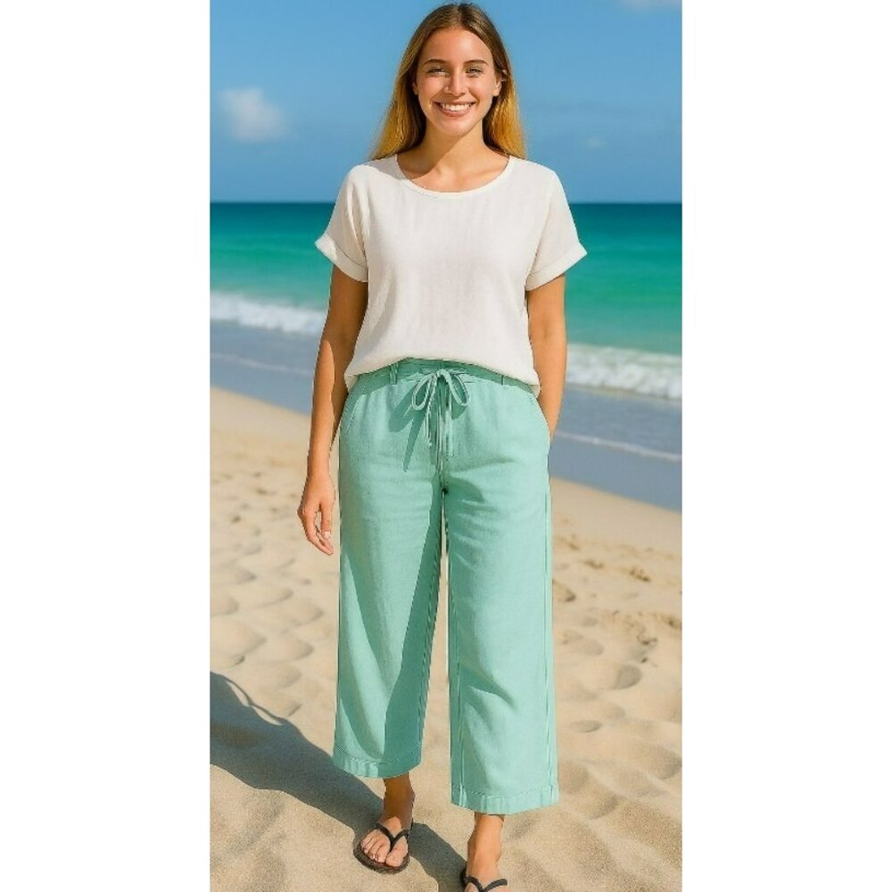 Just Living Linen Blend Mint Green Drawstring Wide Leg Pants Women LRG Lagenlook